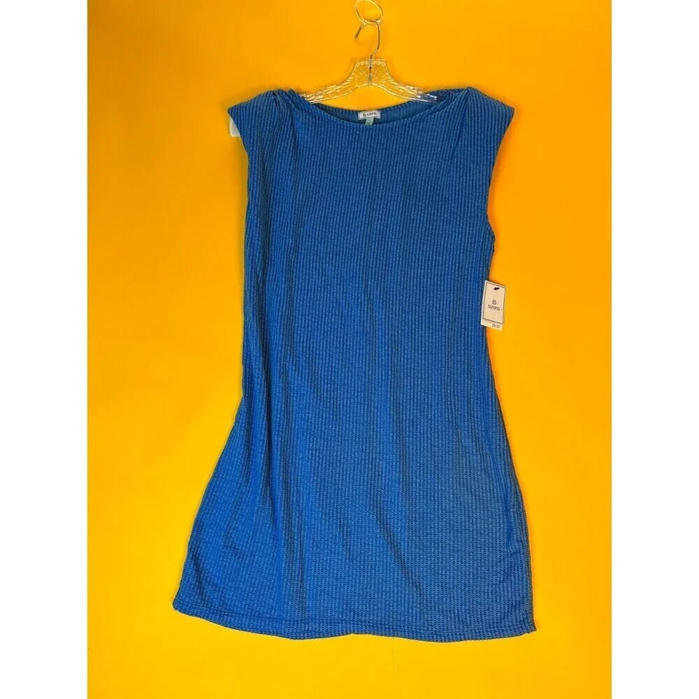 Susina Women's Shoulder Padded Rib Knit Tank Bodycon Mini Dress In Blue Size L - Picture 4 of 4